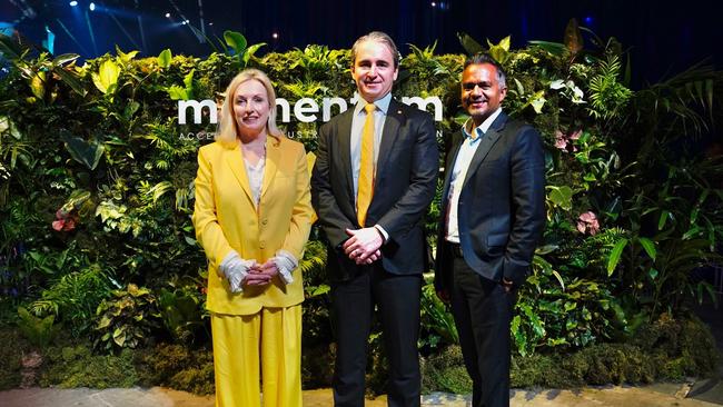 Commonwealth Bank CEO Matt Comyn, Team Global Express chief Christine Holgate and Stockland chief Tarun Gupta at the bank's Momentum conference in Sydney.