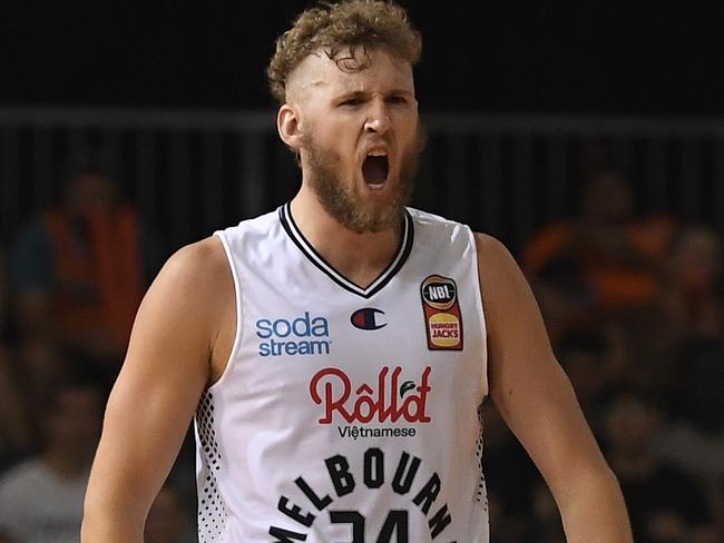 CAIRNS, AUSTRALIA - JANUARY 25:  Jock Landale of Melbourne United reacts during the round two NBL match between the Cairns Taipans and Melbourne United at Cairns Pop Up Arena on January 25, 2021, in Cairns, Australia. (Photo by Ian Hitchcock/Getty Images)