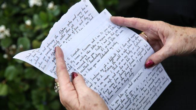 The letter handwritten by Cameron Baird VC MG to Sydney student Campbell Byrd just weeks before he was killed in action in Afghanistan. Picture: Bob Barker