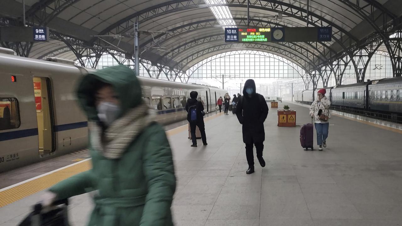 A near-empty platform at the Hankou Railway Station shortly before it was closed in Wuhan. Picture: AP/Thepaper