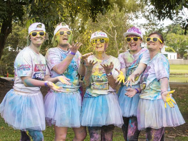 Katy Birse, Danae Thompson, Beth Richards, Sam Richards and Bron Perna from Swayneville State School at the Mackay Colour Run 2021. Picture: Michaela Harlow