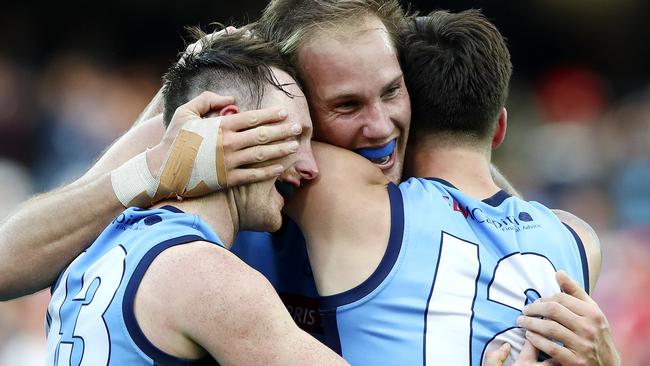 SANFL - Grand Final - Port Adelaide v Sturt at Adelaide Oval. Jack Osborn celebrates the win on the siren. Picture Sarah Reed