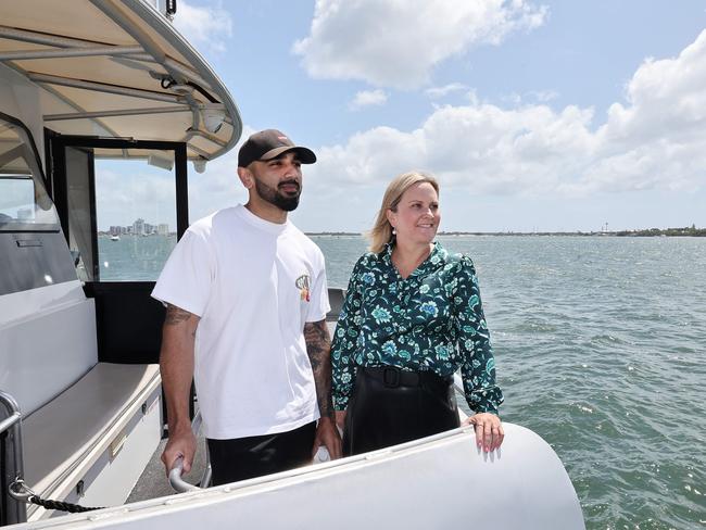 Rachel Hancock from Experience Gold Coast and Promiseland founder Emal Naim on board the Hopo Ferry from Broadwater Parklands, one of the ways to skip the traffic and cruise to Promiseland Festival at The Spit this long weekend. Picture Glenn Hampson