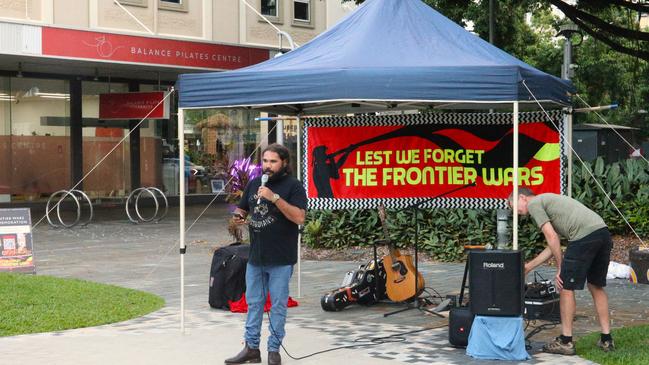 Gimuy Walubara man Jiritju Fourmile from the Yidindji nation at the Gimuy Frontier Wars and Truth Telling Memorial in Cairns City on Thursday. Picture: Elodie Jakes