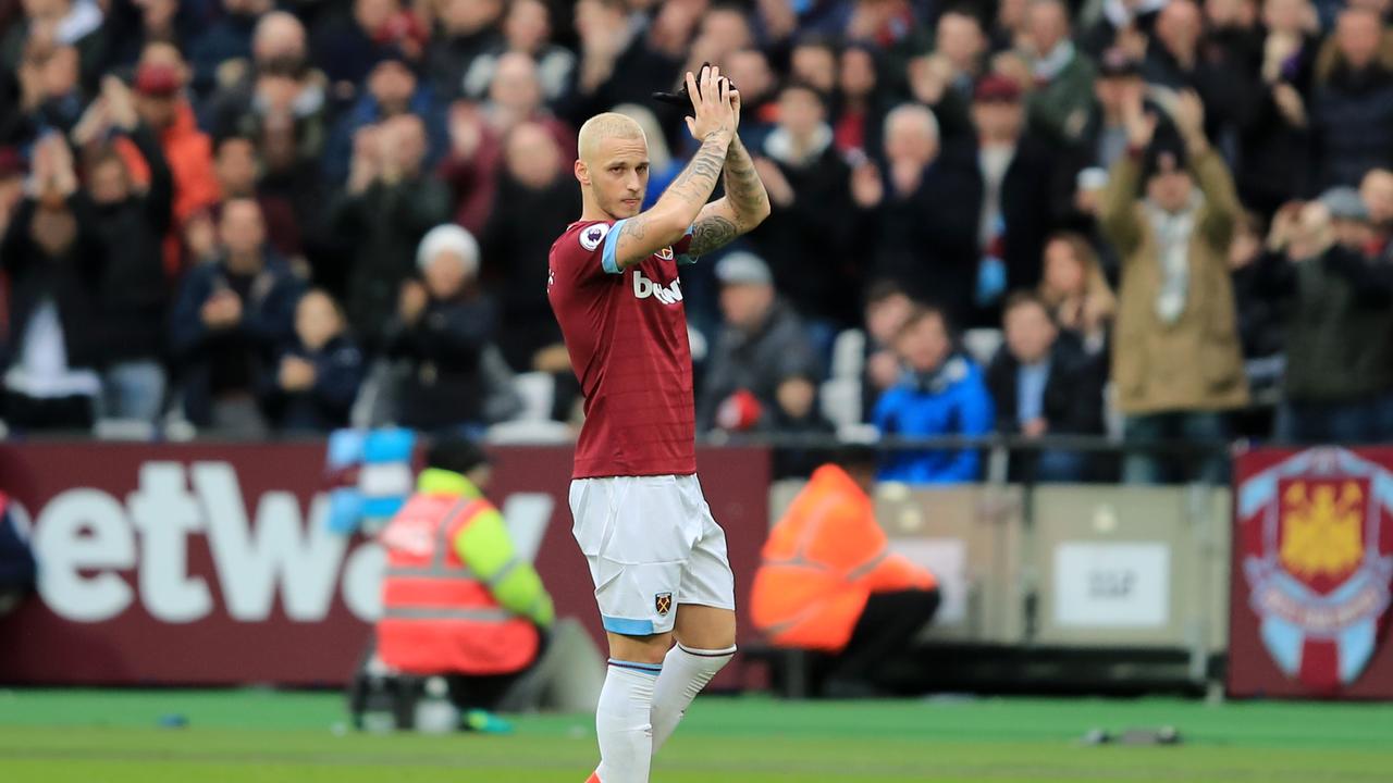 Marko Arnautovic of West Ham United acknowledges the fans