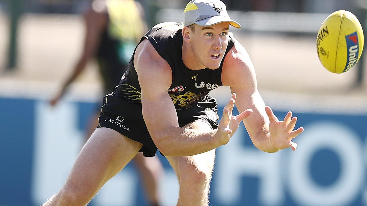 Richmond’s Tom Lynch marks at training today. Picture: Michael Klein