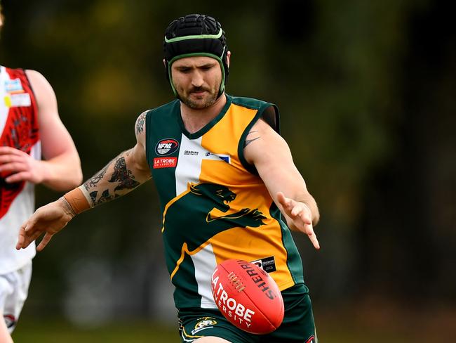 Christopher Clark of Northcote Park kicks during the 2023 round 18 Northern Football Netball League MC Labour Division 2 Seniors match between Northcote Park and Eltham at Bill Lawry Oval in Northcote, Victoria on August 19, 2023. (Photo by Josh Chadwick)