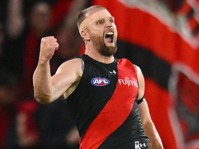 MELBOURNE, AUSTRALIA - MAY 11: Jake Stringer of the Bombers celebrates a goal during the round nine AFL match between Essendon Bombers and Greater Western Sydney Giants at Marvel Stadium, on May 11, 2024, in Melbourne, Australia. (Photo by Morgan Hancock/AFL Photos/via Getty Images)