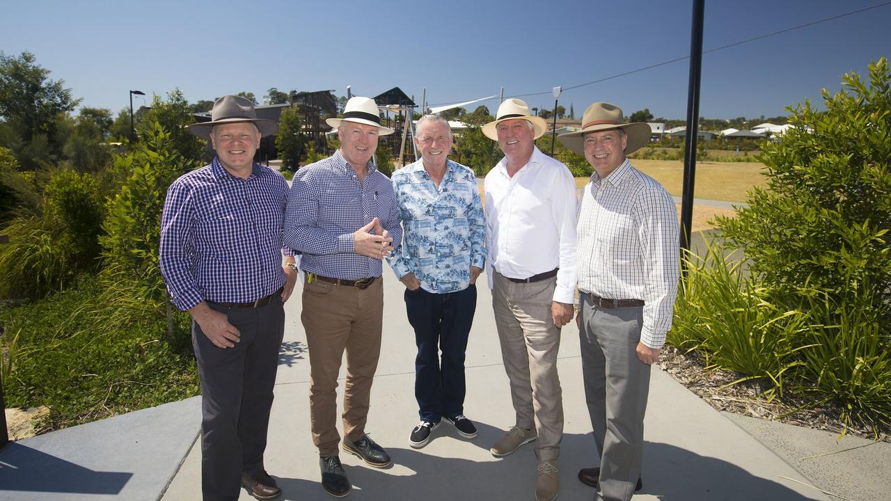 Kevin Covey, Mayor Jamieson, Peter Shadforth, Robert Flipp and former councillor Steve Robinson at the handover of Parklakes 2 central park to Sunshine Coast Council.