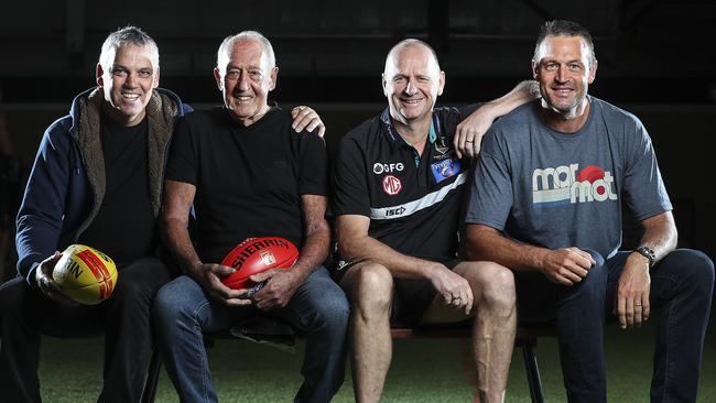 AFL – Port Adelaide Training at Alberton Oval. Current and Former PAFC coaches – Mark Williams, John Cahill, Current senior coach Ken Hinkley and Matthew Primus. Picture: Sarah Reed