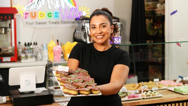 Owner of FudgeVille, Anj Bogle with Dubai Chocolate Fudge. Picture: Shae Beplate.