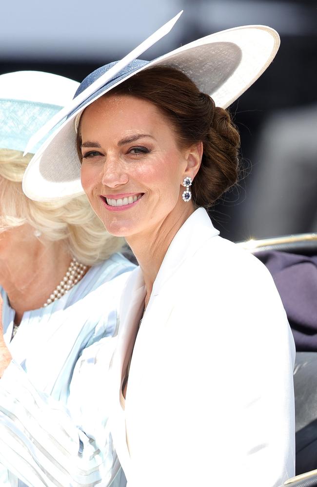 White out! Kate riding in the carriage during the Trooping The Colour parade in London. Picture: Getty Images