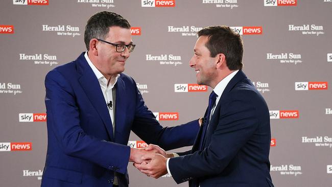 Victorian Premier Daniel Andrews and Opposition leader Matthew Guy at the leaders’ debate. Picture: Ian Currie