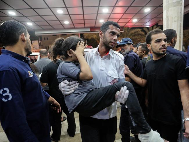 Palestinians injured in Israeli air raids arrive at Nasser Medical Hospital in Khan Yunis, Gaza. Picture: Getty Images