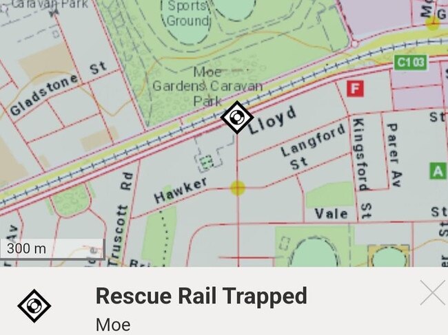 It is believed the rider clipped the front of a train while riding across the tracks near the Moe Gardens Caravan Park just before 1pm on Friday afternoon. Picture: Latrobe Valley Incidents, Crime Activity &amp; Media Info