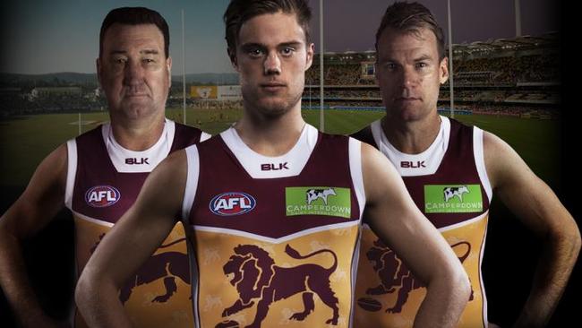 Brisbane’s new guernsey as modelled by club greats Roger Merrett and Richard Champion and emerging forward Josh Schache, whose father played for the Bears. Picture: Brisbane website