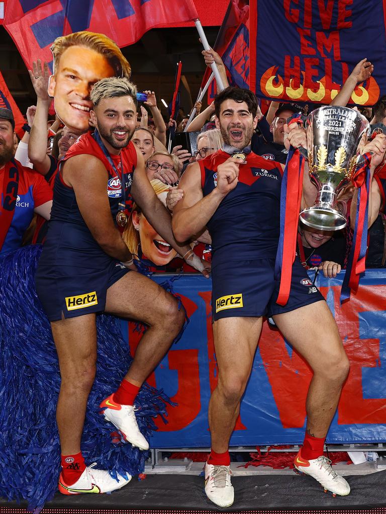 Christian Petracca and Christian Salem with the premiership cup. Picture: Michael Klein