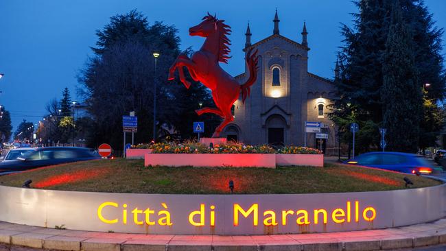 The Ferrari prancing horse statue in the company’s home city of Maranello, Italy. Picture: AFP