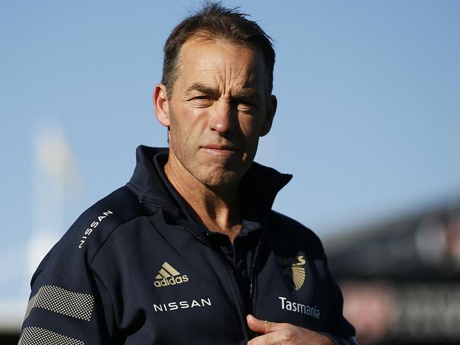 LAUNCESTON, AUSTRALIA - JULY 10: Hawks head coach Alastair Clarkson looks on before the round 17 AFL match between Hawthorn Hawks and Fremantle Dockers at University of Tasmania Stadium on July 10, 2021 in Launceston, Australia. (Photo by Daniel Pockett/AFL Photos/via Getty Images)