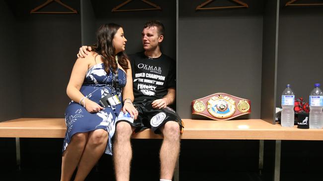 Jeff Horn sits with wife Jo and has a quiet moment after the fight. Picture Peter Wallis