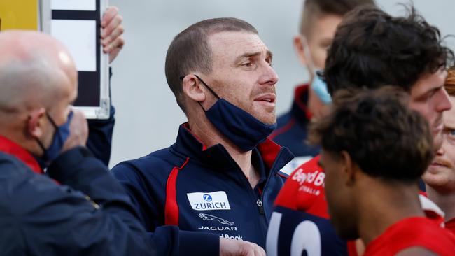 Melbourne coach Simon Goodwin wants his side to continue building momentum. Picture: Michael Willson/AFL Photos via Getty Images