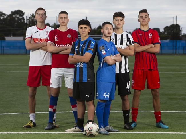 ADELAIDE, AUSTRALIA - ADVERTISER Photos JUNE 11, 2021: Live stream of the Under-18 Federation Cup Soccer semi-finals.  Dylan Lamerton CROYDON, Noah Blazeka ADELAIDE CROATIA, Christian Kouroas ADELAIDE COMETS, Alex Tsimopoulos ADELAIDE OLYMPIC, Christian Veronese ADELAIDE CITY and Sotiri Phillis (NTC), at Parks Soccer Fields, Angle Parks, SA.Picture Emma Brasier