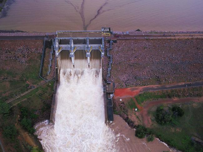 A drone picture taken of the Ross River Dam at 6pm, January 31 when it was at 154 per cent capacity. Pic: Brooks Steff