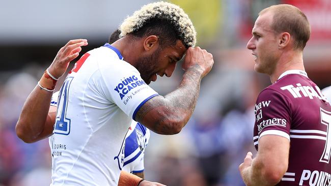 Canterbury's Viliame Kikau had a tough first day at the office. Picture: NRL Images