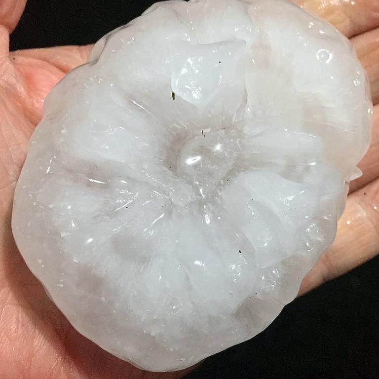 A huge hailstone is pictured after a massive storm hits western Sydney. Picture: Cheree Jacobs