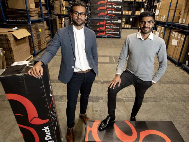 Sleeping Duck founders Winston Wijeyeratne and Selvam Sinnappan at their warehouse in Mulgrave. Picture: David Geraghty