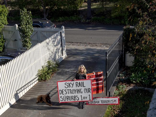 Anti-sky rail campaigner Marnie Rowe outside her property on Talbot Crescent Kooyong. Picture: Andy Brownbill