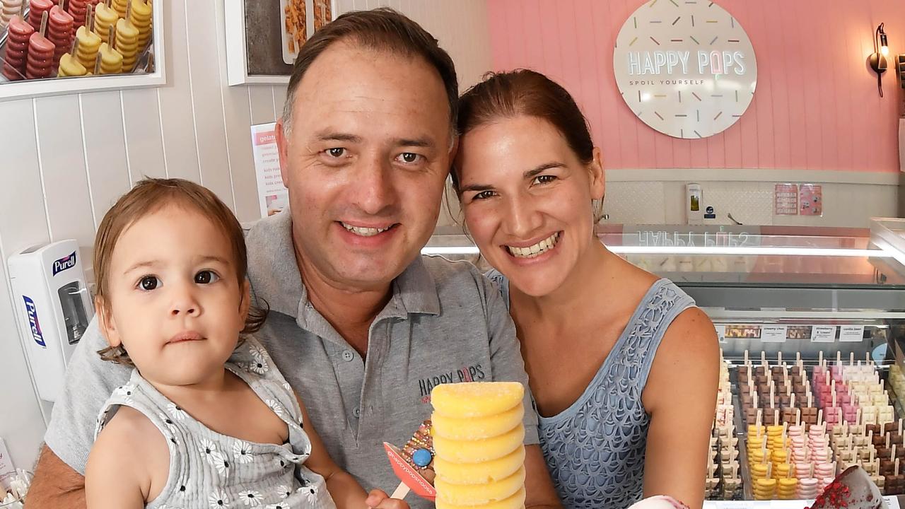 Happy Pops was founded by husband and wife duo Augusta and Ian Puttkammer in Noosa in 2018 and have now set up in Eumundi. Pictured with their 12 month old daughter, Lily. Picture: Patrick Woods.