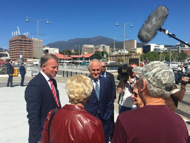 Premier Will Hodgman, left, and Prime Minister Malcolm Turnbull doing a meet and greet on the Hobart docks after today's City Deal announcement at Macquarie Point. Picture: LUKE BOWDEN