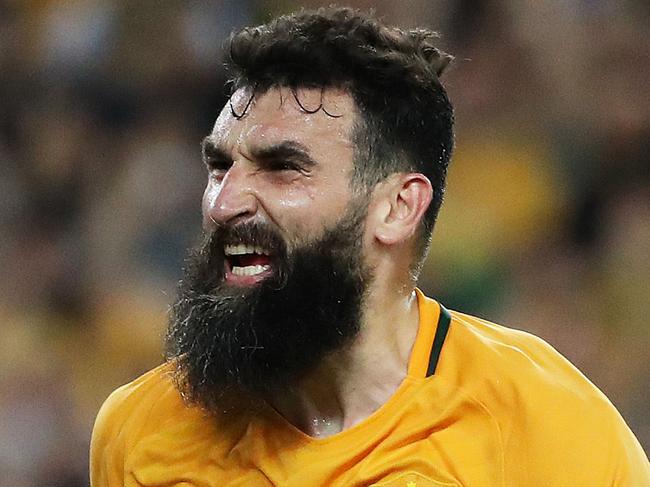 Socceroos Mile Jedinak celebrates after scoring his third goal during the Australia v Honduras World Cup decider at ANZ Stadium, Sydney. Picture: Brett Costello