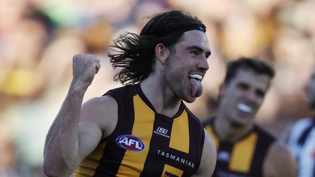 MELBOURNE , AUSTRALIA. April 7 , 2024.  AFL Gather Round. Round 4. Collingwood vs Hawthorn at the Adelaide Oval.   Jai Newcombe of the Hawks celebrates a 2nd quarter goal   . Pic: Michael Klein