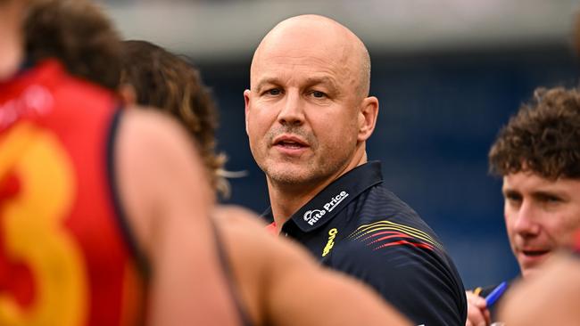 PERTH, AUSTRALIA - MARCH 29: Matthew Nicks, Senior Coach of the Crows addresses the players at the break during the 2024 AFL Round 03 match between the Fremantle Dockers and the Adelaide Crows at Optus Stadium on March 29, 2024 in Perth, Australia. (Photo by Daniel Carson/AFL Photos via Getty Images)