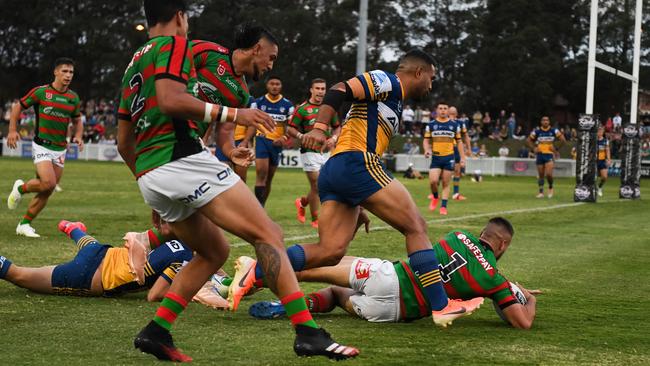 Corey Allan scores a try. 2020 PRE Round 02 - Parramatta Eels v South Sydney Rabbitohs, Ringrose Park, 2020-02-21. Digital image by Nathan Hopkins � NRL Photos