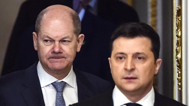 Olaf Scholz’s leadership is marked by foot dragging at crucial moments in the Russian invasion. He is pictured here with Ukraine President Volodymyr zelensky Picture: AFP