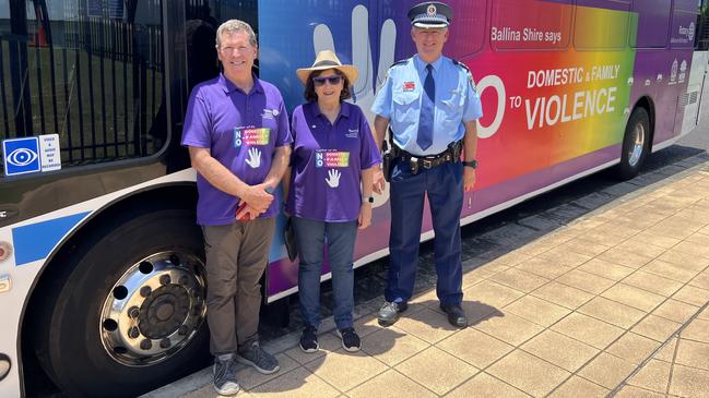 Rotary Pacific, domestic and family violence project lead, Dave Harmon, left, Ballina Mayor Sharon Cadwallader and Inspector Nigel Howard Richmond Police District, at the annual Ballina walk against domestic violence held on Friday, November 29.