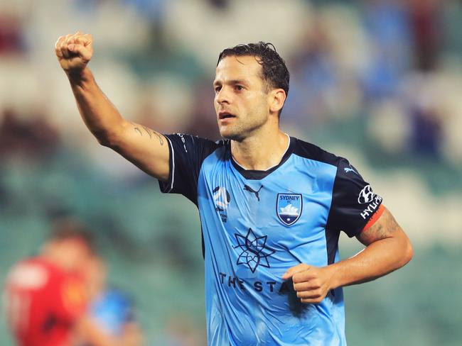 SYDNEY, AUSTRALIA - APRIL 08:  Bobo of Sydney FC celebrates his second goal during the round 26 A-League match between Sydney FC and Adelaide United at Allianz Stadium on April 8, 2018 in Sydney, Australia.  (Photo by Mark Evans/Getty Images)