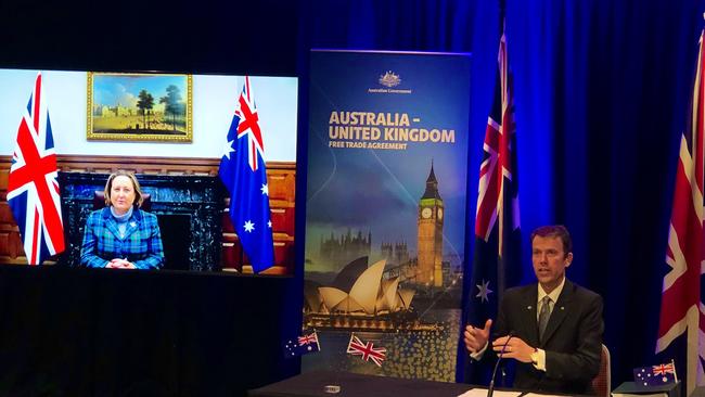 Federal Trade Minister Dan Tehan is officially signing off on the historic Australia/UK Free Trade Agreement with his British counterpart via videolink from Adelaide. Picture: Andrea Nicholas/7NEWS