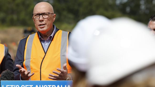 Peter Dutton speaks to the media at a housing construction site to talk about the Liberal housing policy. Picture: Richard Dobson/NewsWire