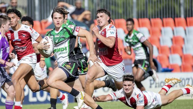 Wyatt Lourigan in the Meninga Cup under 18 rugby league grand final between Redcliffe Dolphins and Townsville Blackhawks. Picture: Richard Walker