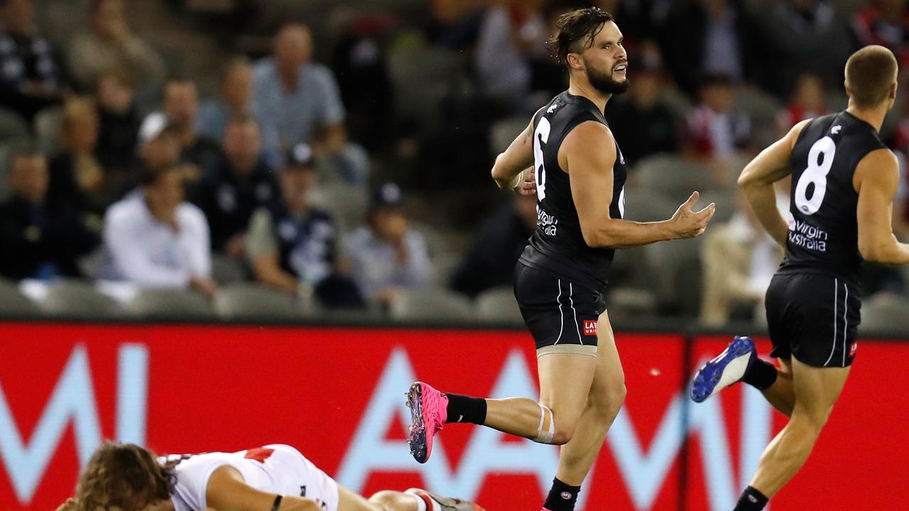 Blue recruit Zac Williams copped a week’s suspension after a headhigh hit on St Kilda’s Hunter Clark. Picture: Michael Willson/Getty Images