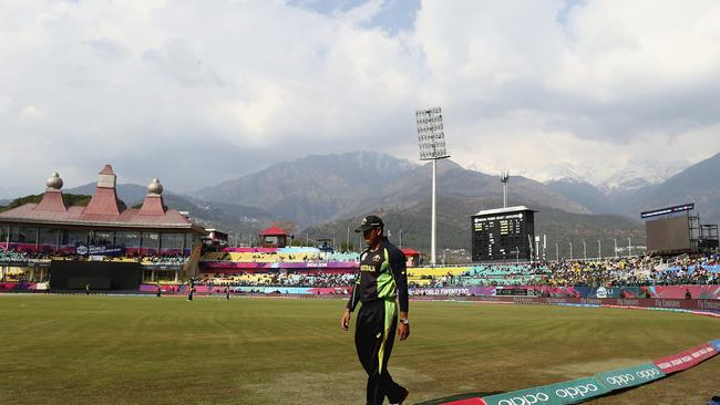 Usman Khawaja patrols the boundary at Dharamsala during the World T20.