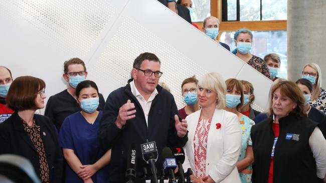 Premier Daniel Andrews makes his good news announcement about nurses and midwife training. Picture: David Crosling