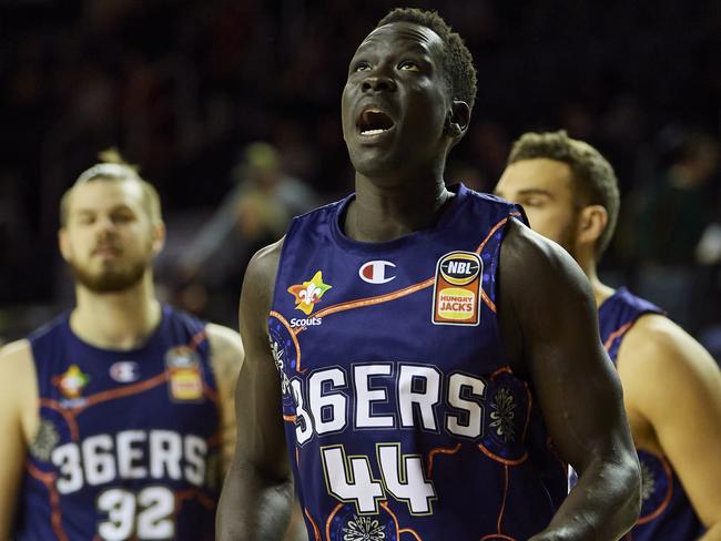 WOLLONGONG, AUSTRALIA - MAY 30: Sunday Dech of the 36ers warms up during the round 20 NBL match between Illawarra Hawks and Adelaide 36ers at WIN Entertainment Centre, on May 30, 2021, in Wollongong, Australia. (Photo by Brett Hemmings/Getty Images)