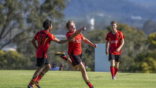 Gatton’s Jayden Staatz celebrates his goal against Rockville at the weekend.