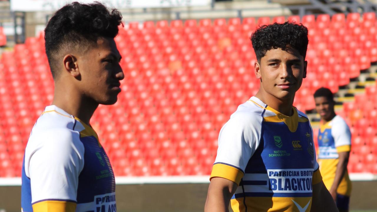 Penrith centre Izack Tago, right, playing for Patrician Brothers’ Blacktown.