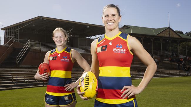 Adelaide Crows players Brooke Tonon and Chelsea Randall at Thebarton Oval. Picture: Simon Cross